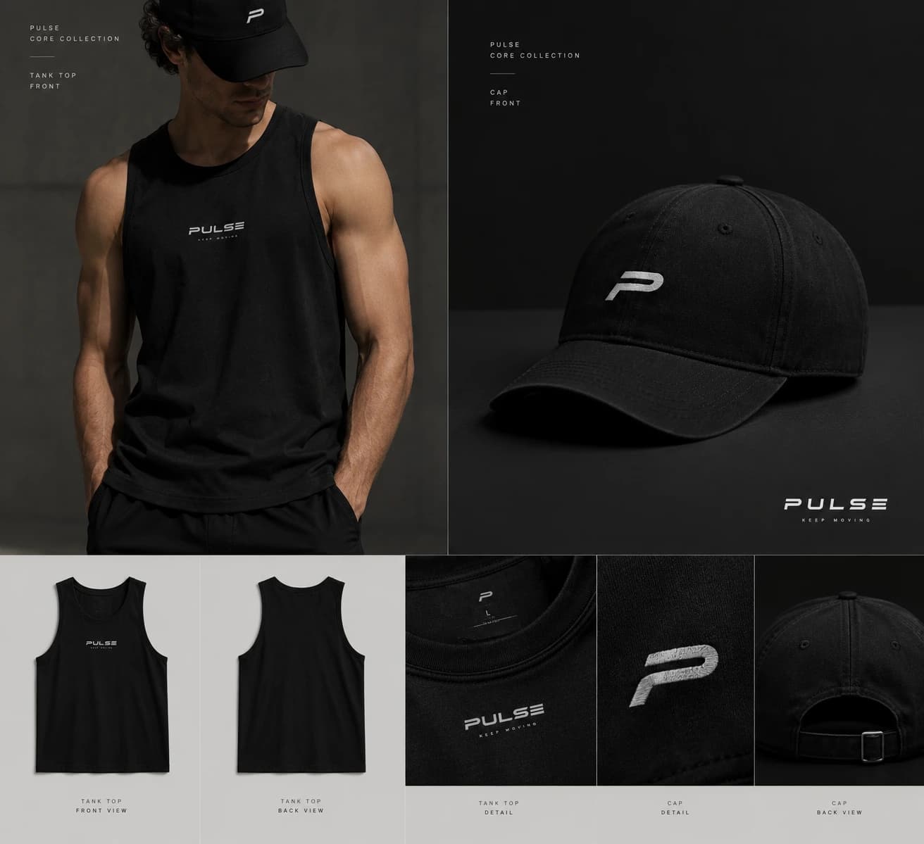 Mockup de la camisilla y la gorra PULSE en negro, vista frontal y detalles