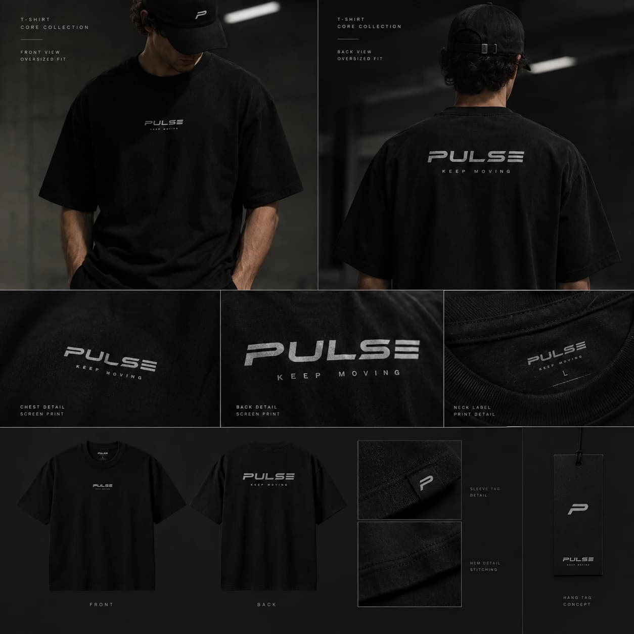 Mockup de la T-shirt PULSE oversized en negro, vista frontal y trasera
